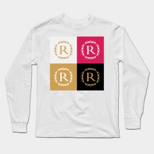 Royal Letter R In Golden Color Square Pattern Layout with Beautiful Colors Long Sleeve T-Shirt